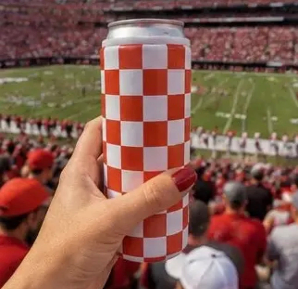 Red + White Checkered Tall Hard Can Koozie