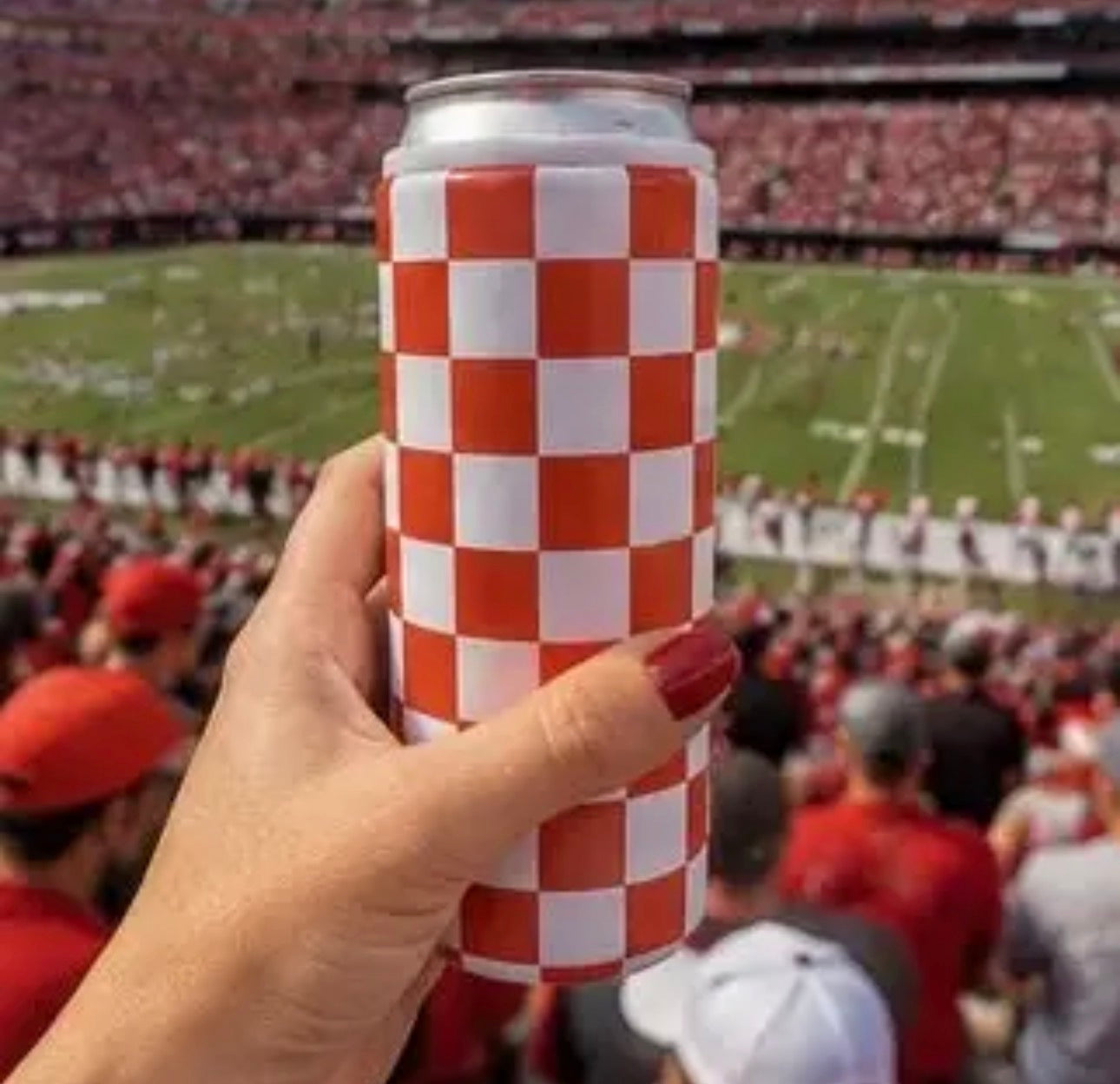 Red + White Checkered Tall Hard Can Koozie