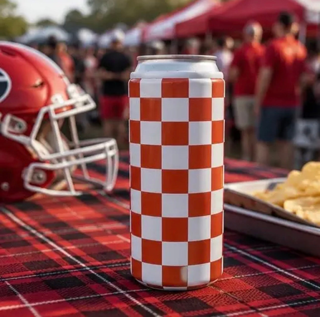 Red + White Checkered Tall Hard Can Koozie