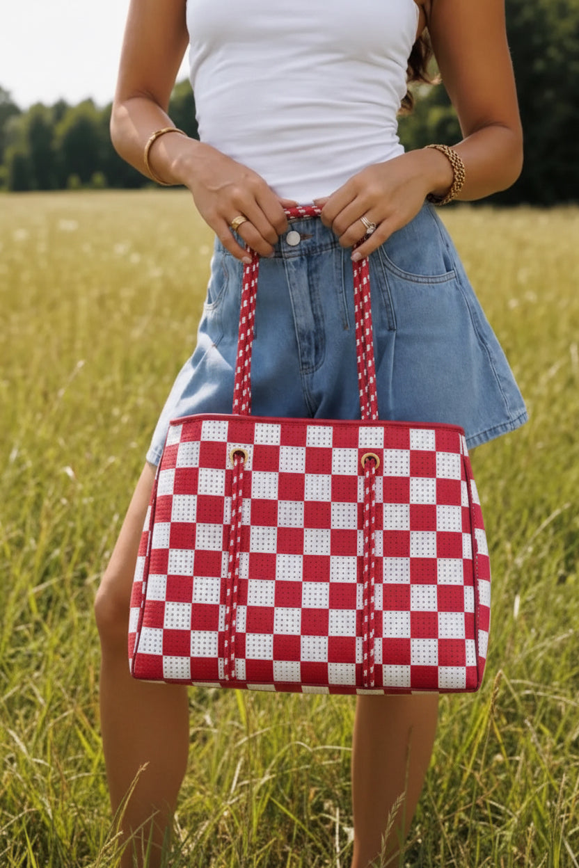 Red Checkered Large Neoprene Tote