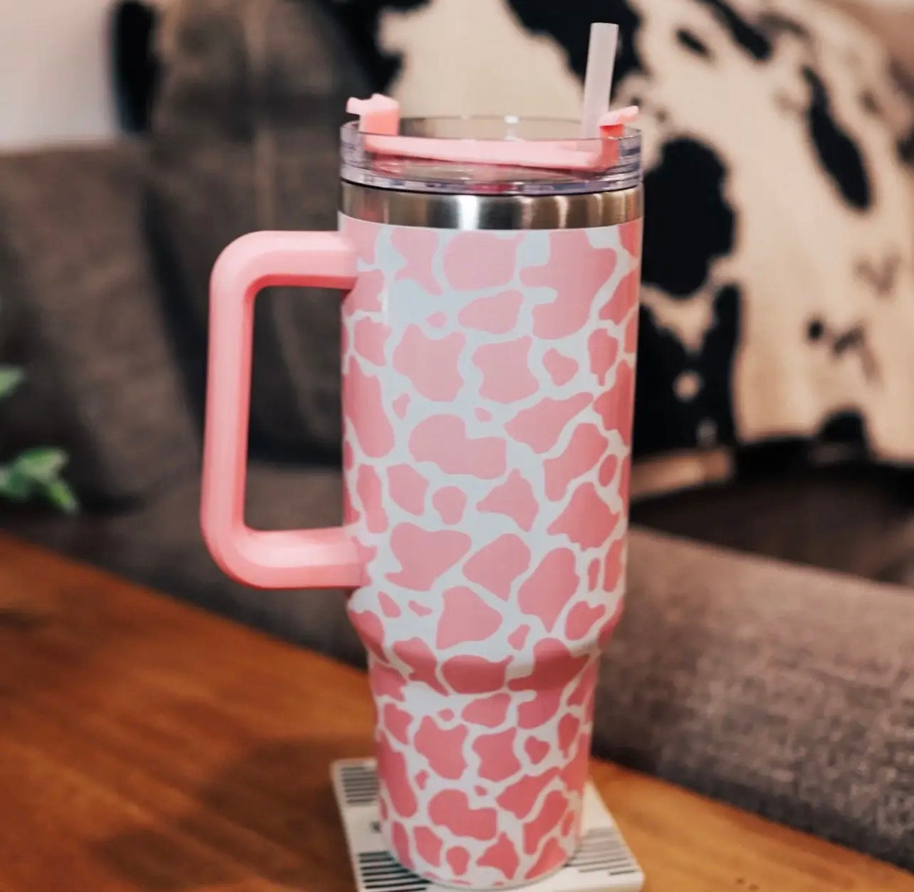 Pink Cowprint 40 oz Tumbler with Handle