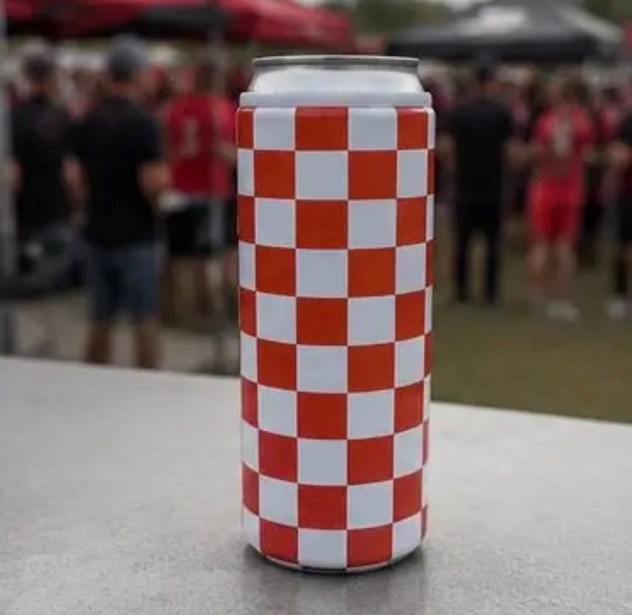 Red + White Checkered Tall Hard Can Koozie