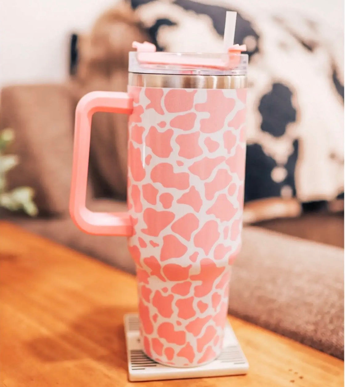 Pink Cowprint 40 oz Tumbler with Handle
