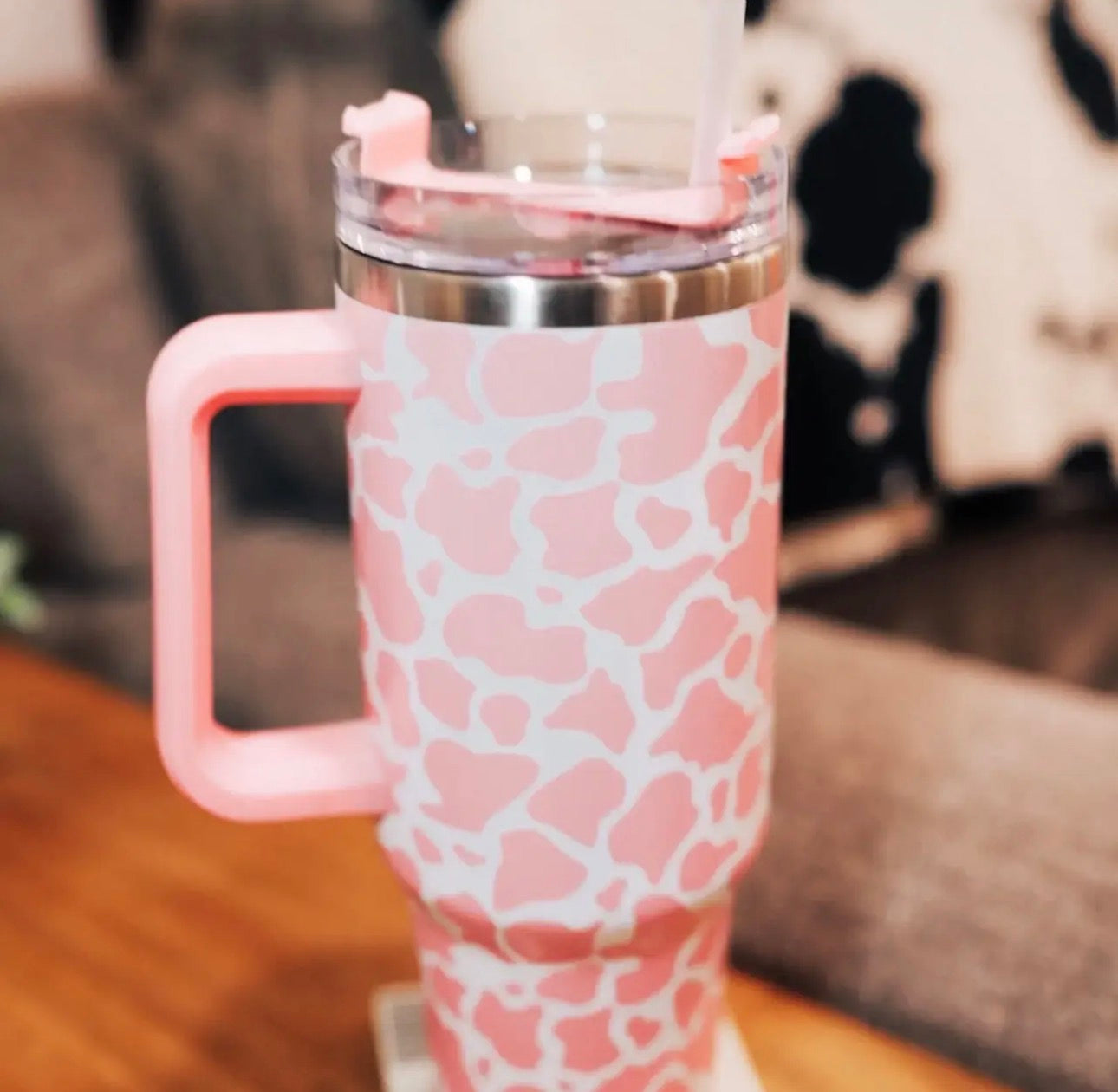 Pink Cowprint 40 oz Tumbler with Handle