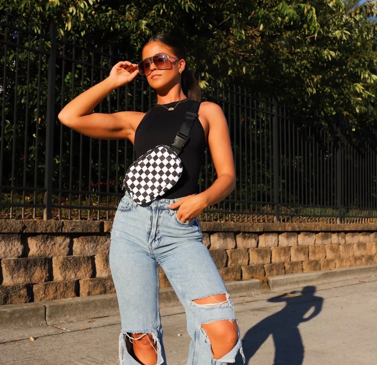 Black & White Checkered Crossbody Fanny Pack