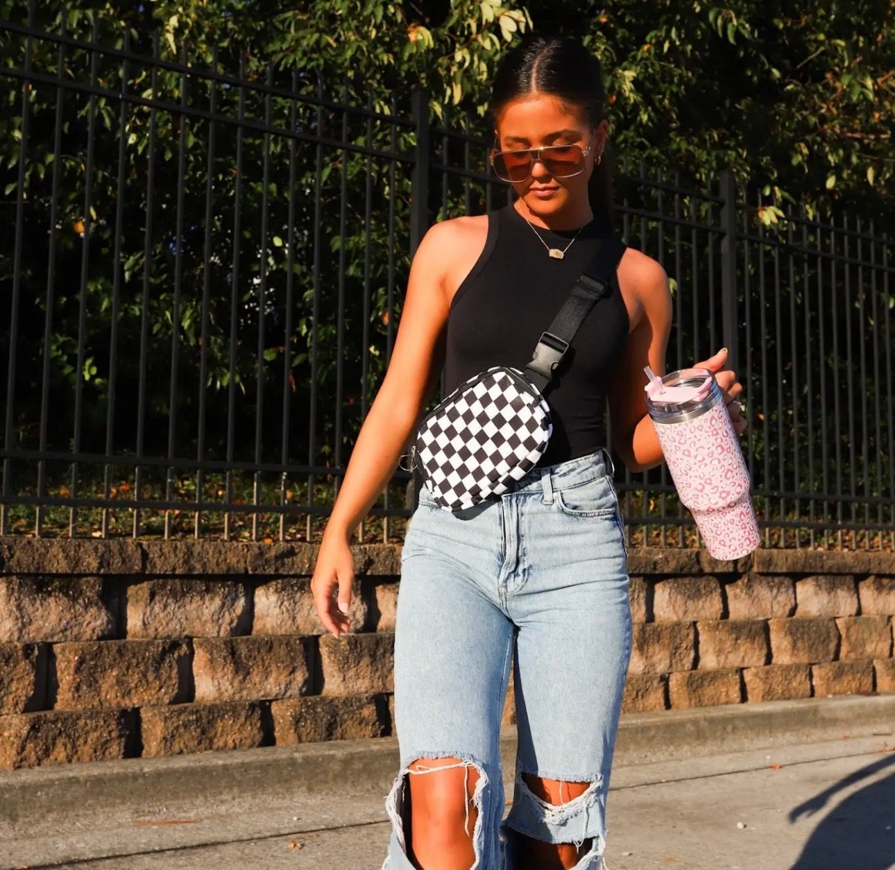 Black & White Checkered Crossbody Fanny Pack