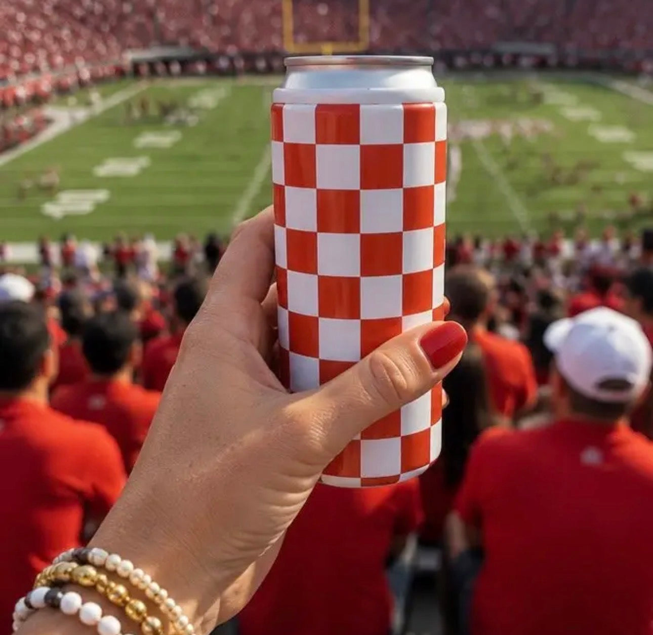 Red + White Checkered Tall Hard Can Koozie