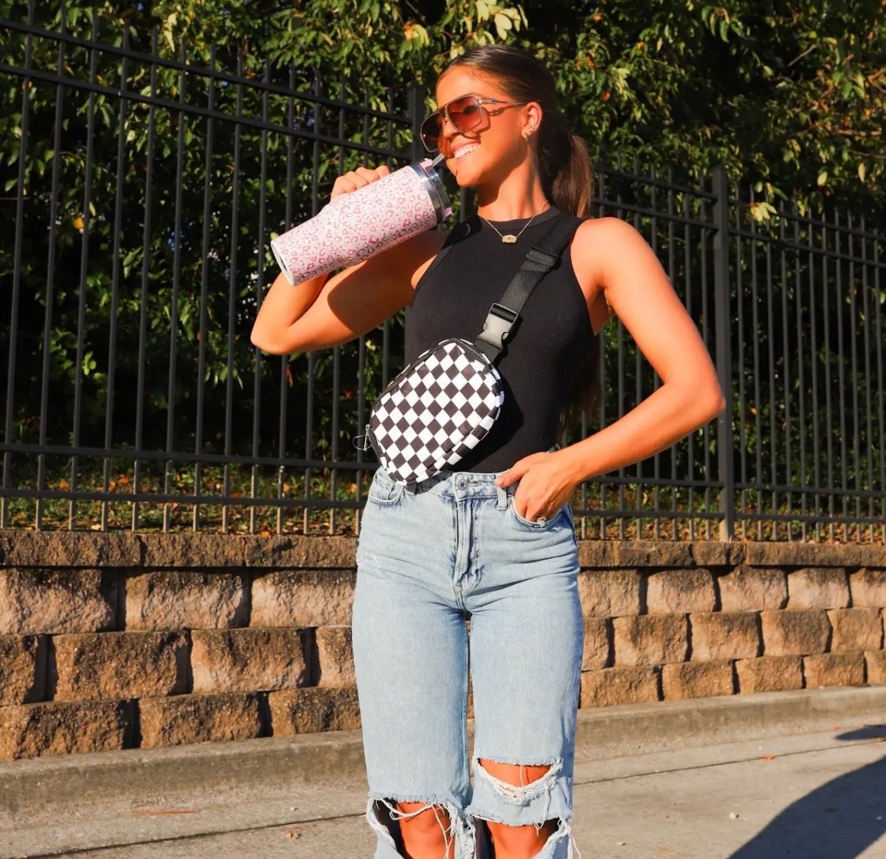 Black & White Checkered Crossbody Fanny Pack