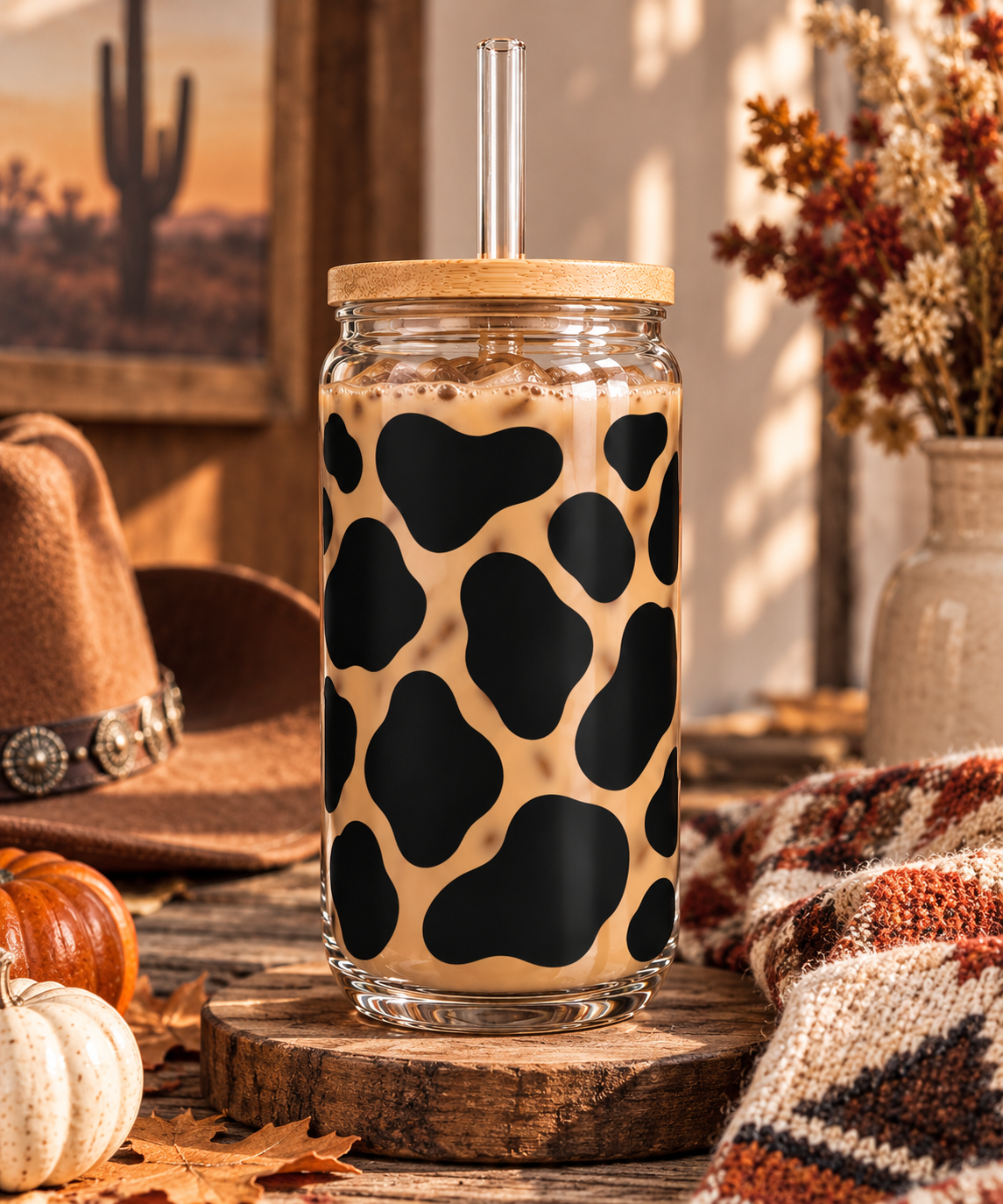 Cow Print 16 oz glass can