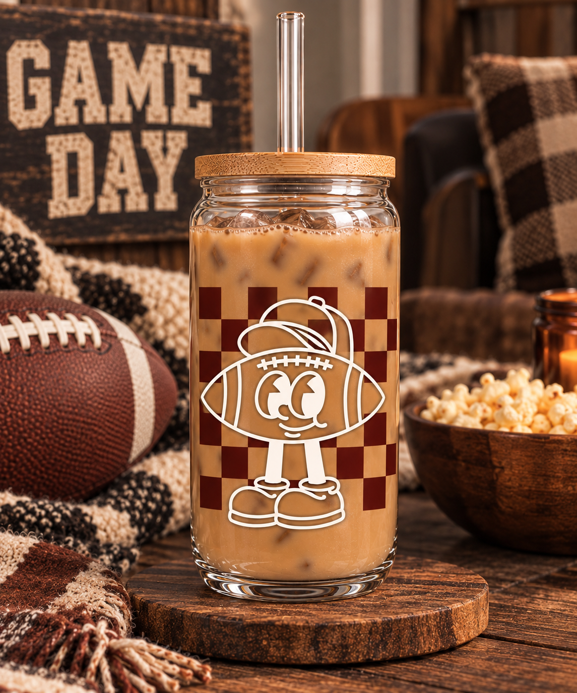 Retro Checkered Football Guy 16 oz Glass Can