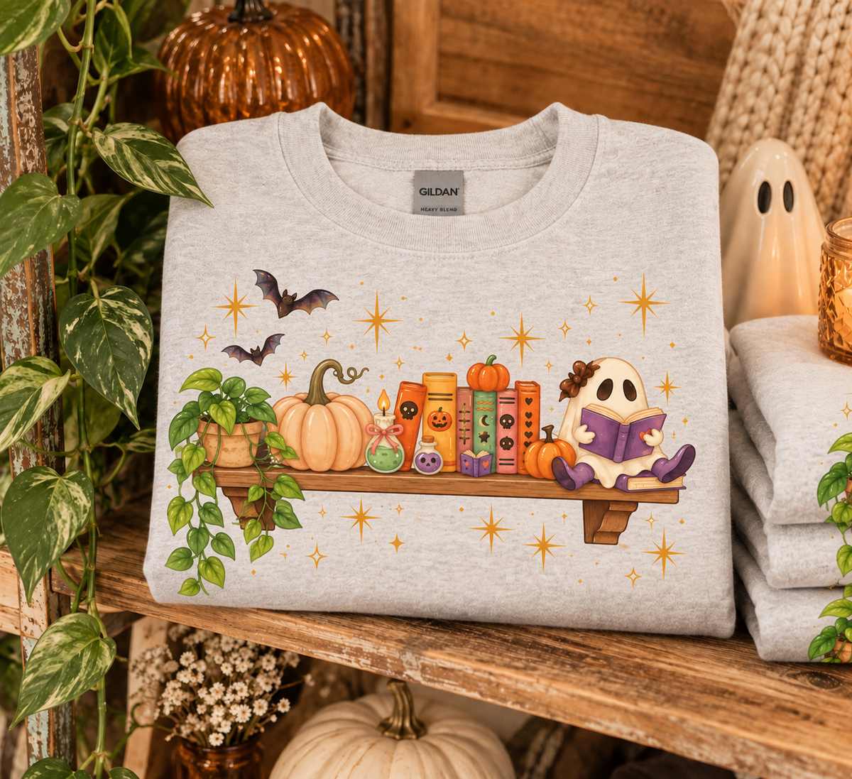 Cozy Halloween Bookshelf Gildan Crewneck